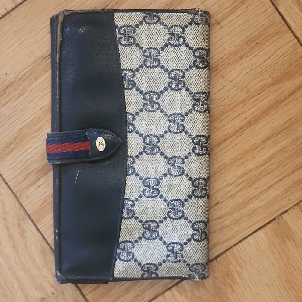 Gucci Vintage Navy Leather and Coated Canvas Sherry Line Long Wallet